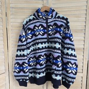 Aerie Fairisle Blue Half Quarter Zip Fleece Pullover Women's Size Large NWT